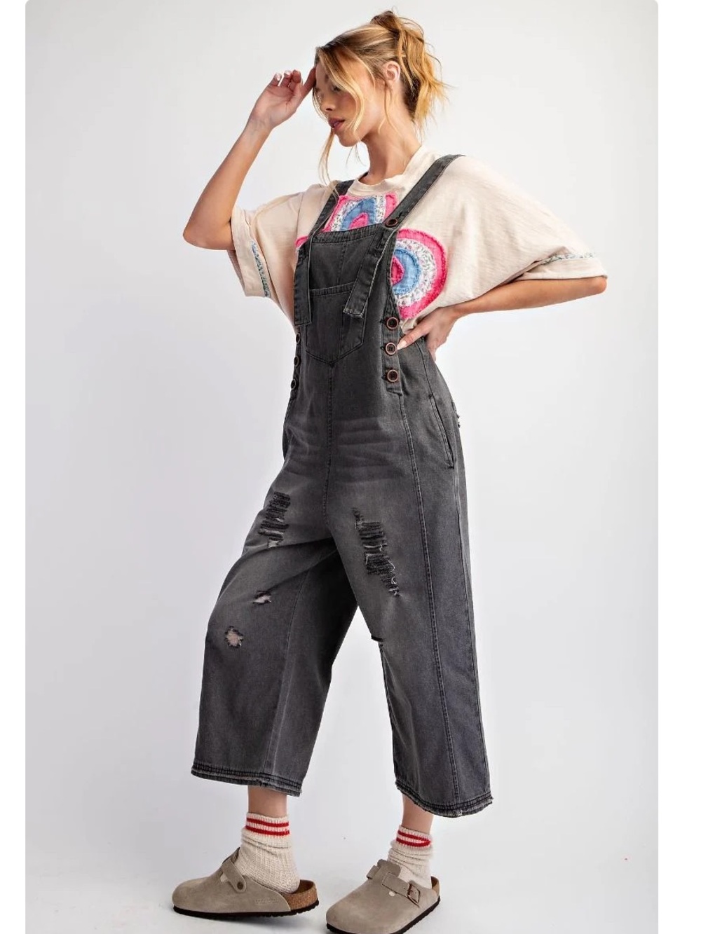 NWT: Easel Distressed Black Vintage Wash Oversized Denim Jumper Overalls•Small - Picture 4 of 6